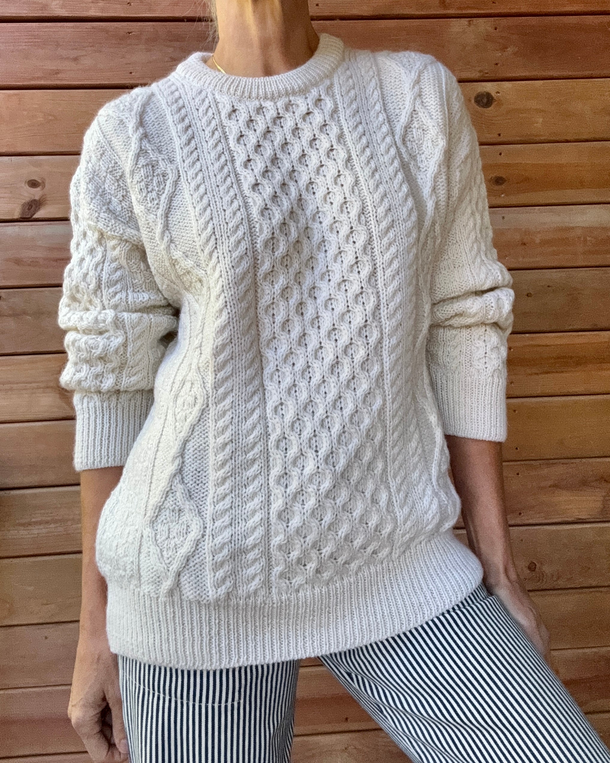 Vintage Aran Crafts Cream Cable Aran Fisherman Hand Knit Cream Sweater Made in Ireland