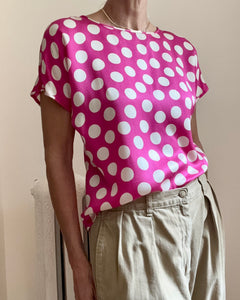 Vintage 1980s PARALLELE by EMANUEL UNGARO 100% Silk Hot Pink and Ivory Polka Dot Short Sleeve Blouse Size M or L