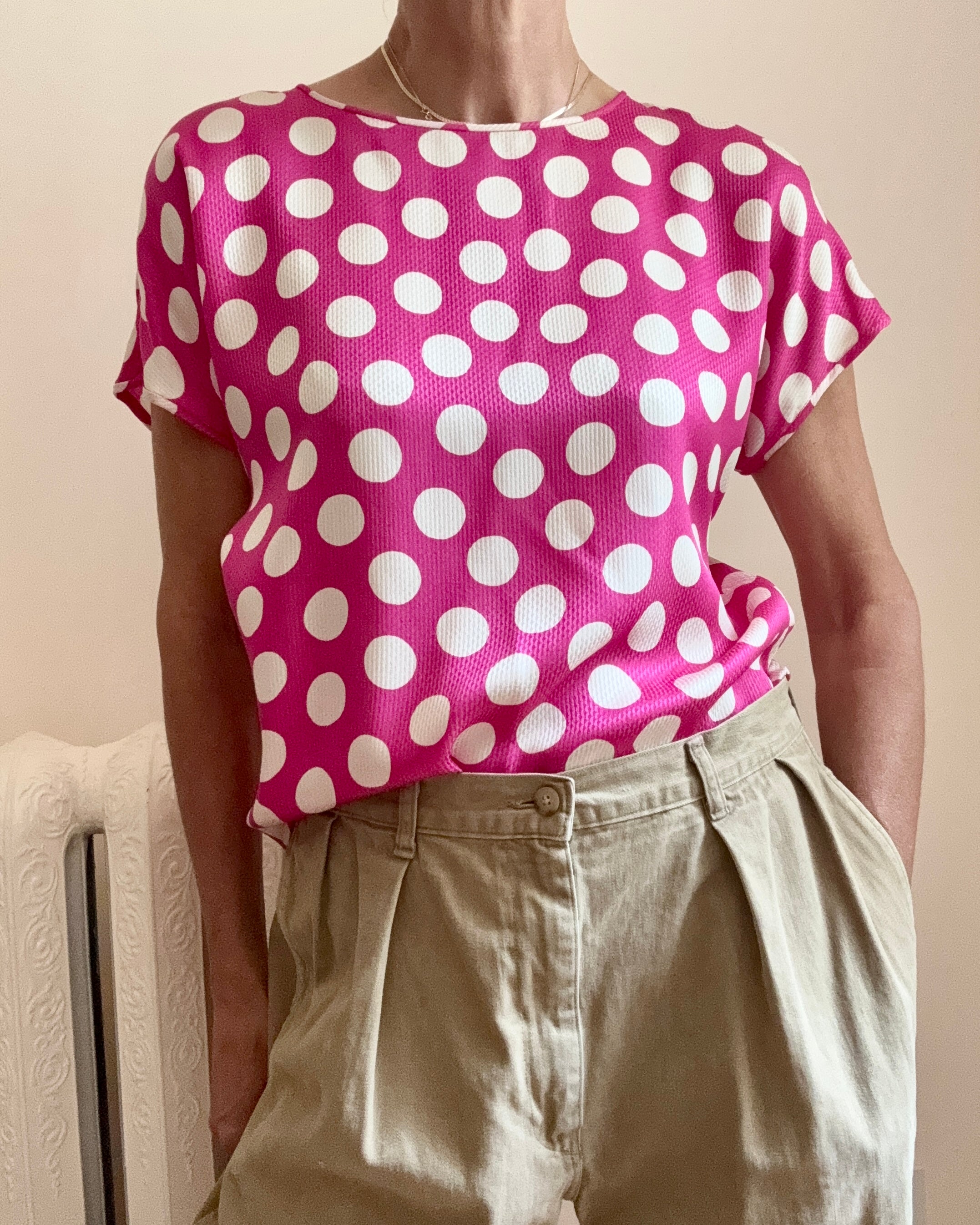 Vintage 1980s PARALLELE by EMANUEL UNGARO 100% Silk Hot Pink and Ivory Polka Dot Short Sleeve Blouse Size M or L