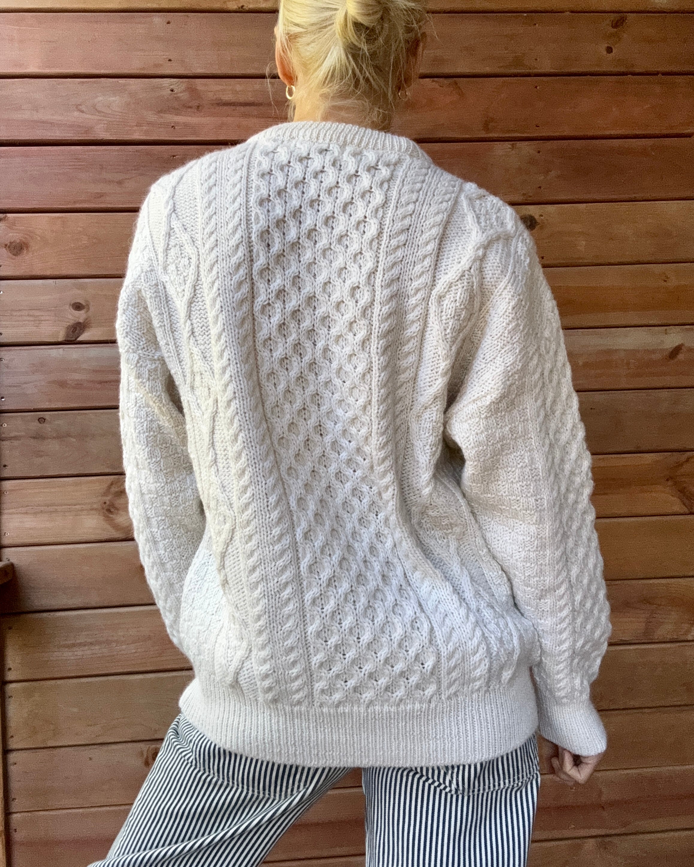 Vintage Aran Crafts Cream Cable Aran Fisherman Hand Knit Cream Sweater Made in Ireland