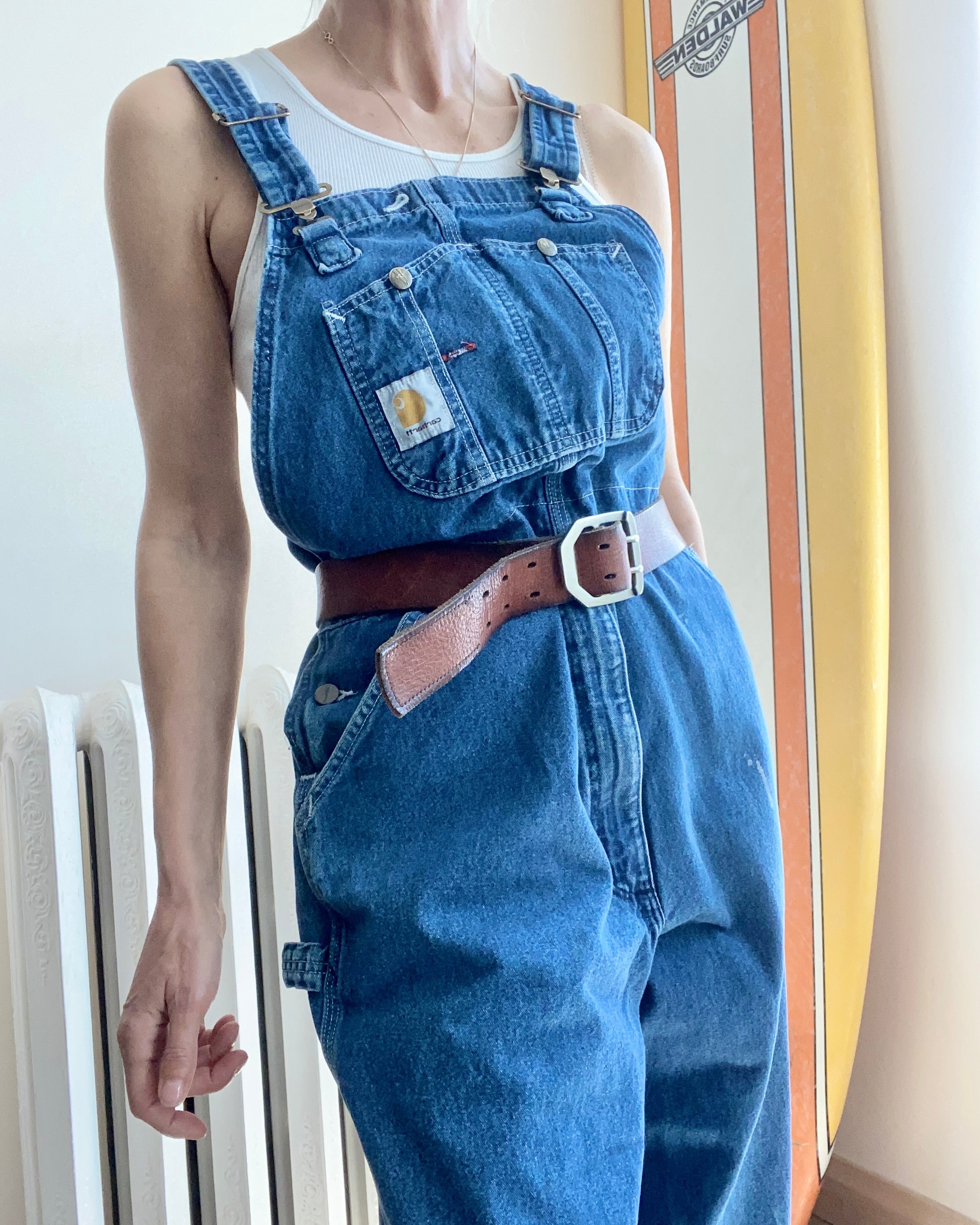 Vintage 1990s CARHARTT Blue Denim Carpenter Overalls Medium Wash Size M or L