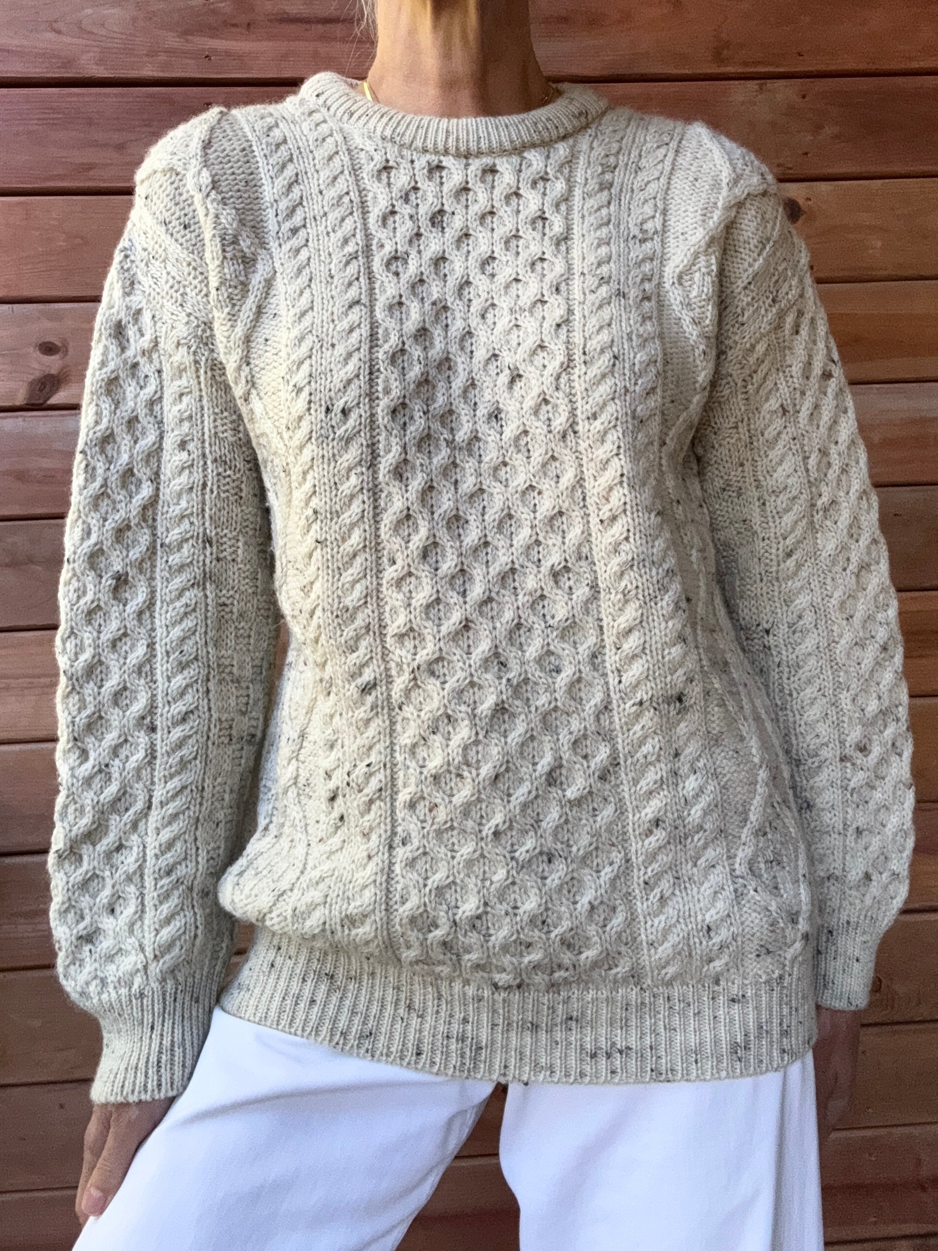Vintage Cable Aran Fisherman Hand Knit Oatmeal Marled Sweater Made in Ireland