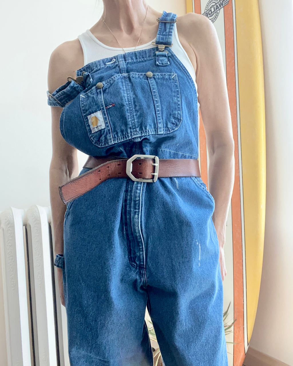 Vintage 1990s CARHARTT Blue Denim Carpenter Overalls Medium Wash Size M or L