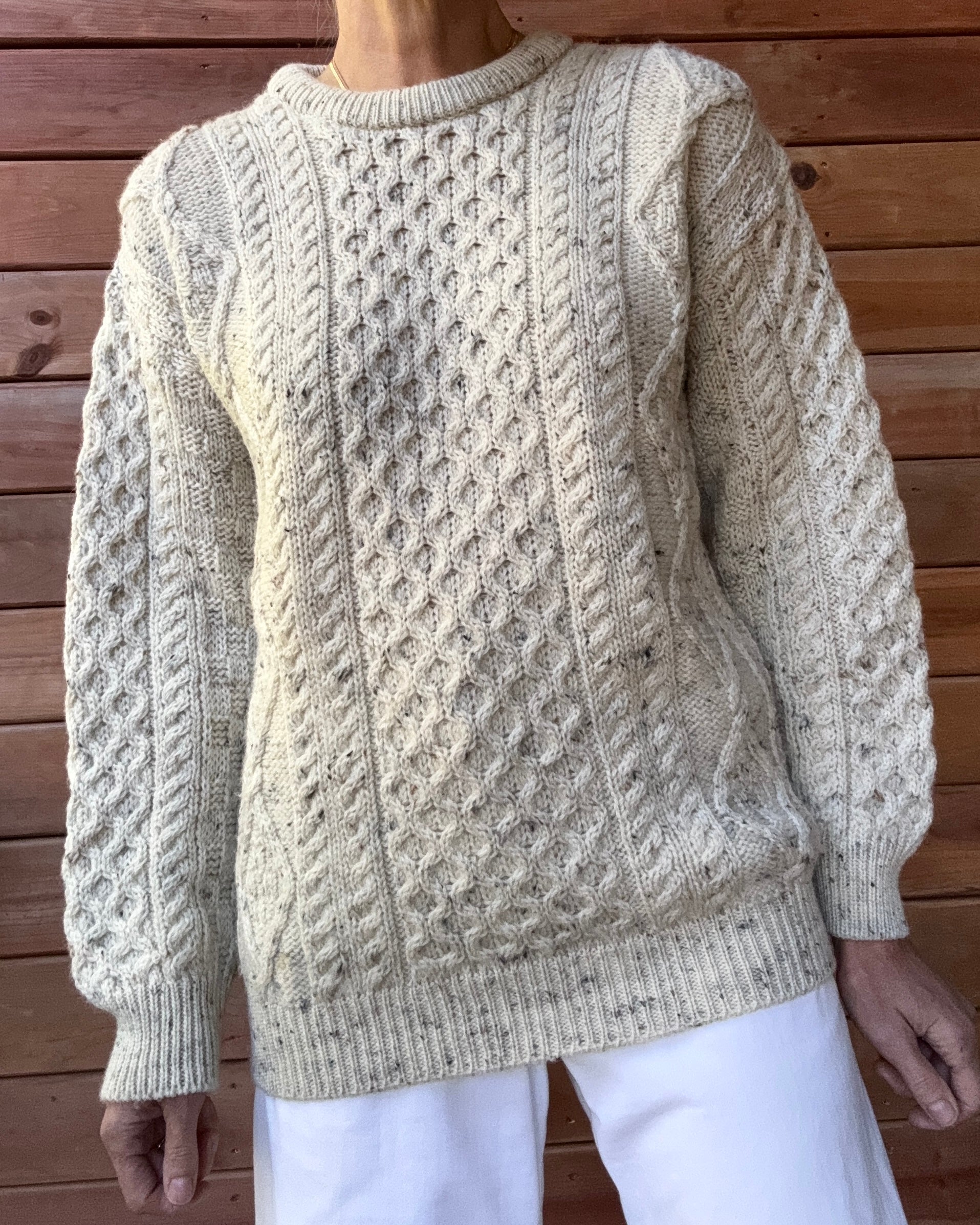 Vintage Cable Aran Fisherman Hand Knit Oatmeal Marled Sweater Made in Ireland
