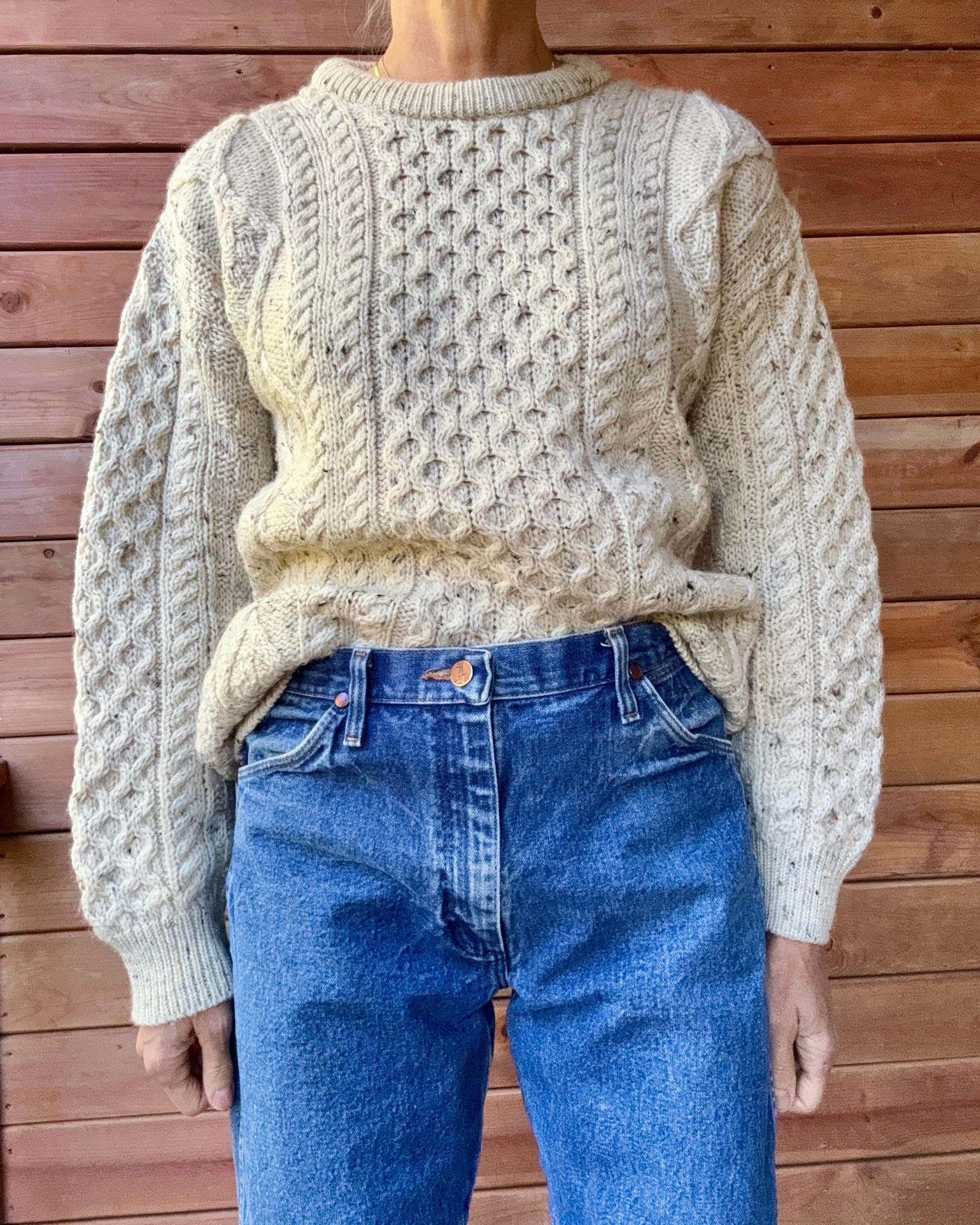 Vintage Cable Aran Fisherman Hand Knit Oatmeal Marled Sweater Made in Ireland