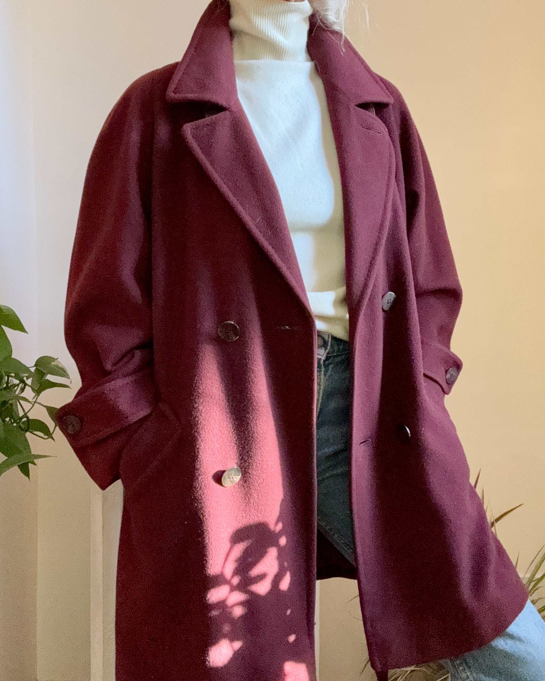 Vintage 1990s 100% Pure Cashmere Burgundy Trench Peacoat Style Coat with Tie Belt Size L