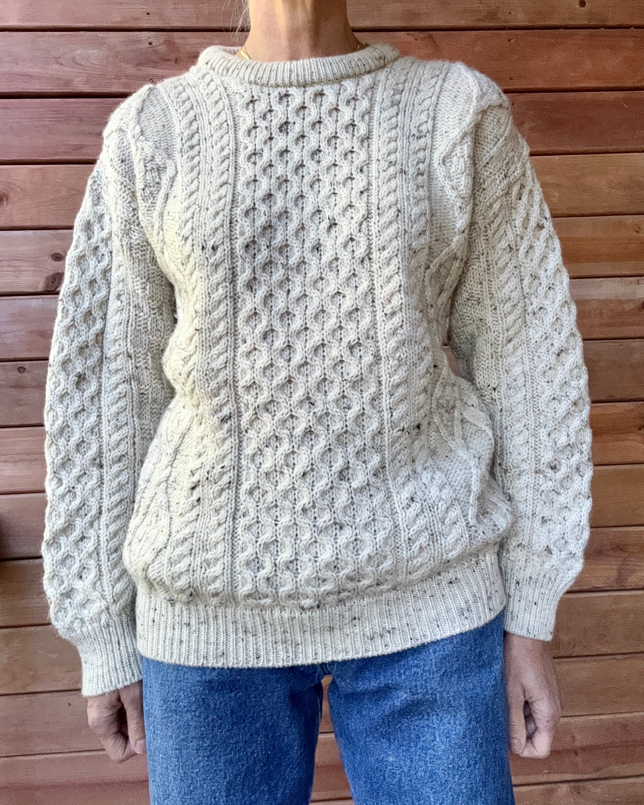 Vintage Cable Aran Fisherman Hand Knit Oatmeal Marled Sweater Made in Ireland