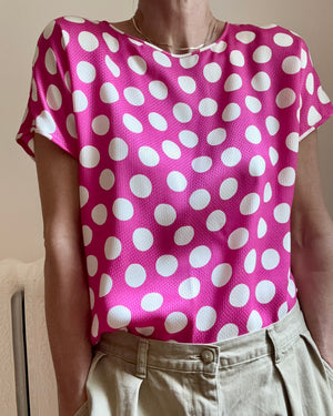 Vintage 1980s PARALLELE by EMANUEL UNGARO 100% Silk Hot Pink and Ivory Polka Dot Short Sleeve Blouse Size M or L
