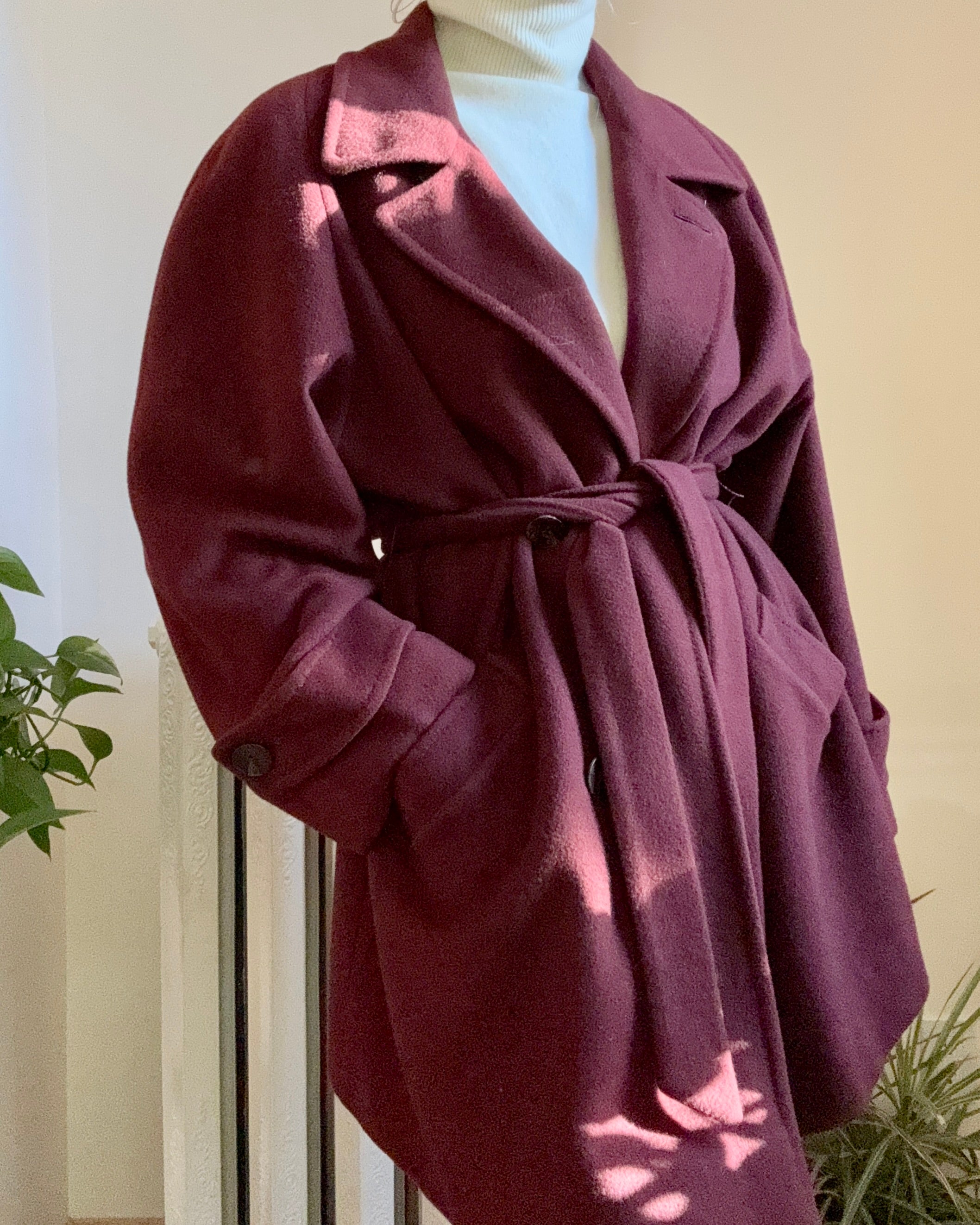 Vintage 1990s 100% Pure Cashmere Burgundy Trench Peacoat Style Coat with Tie Belt Size L