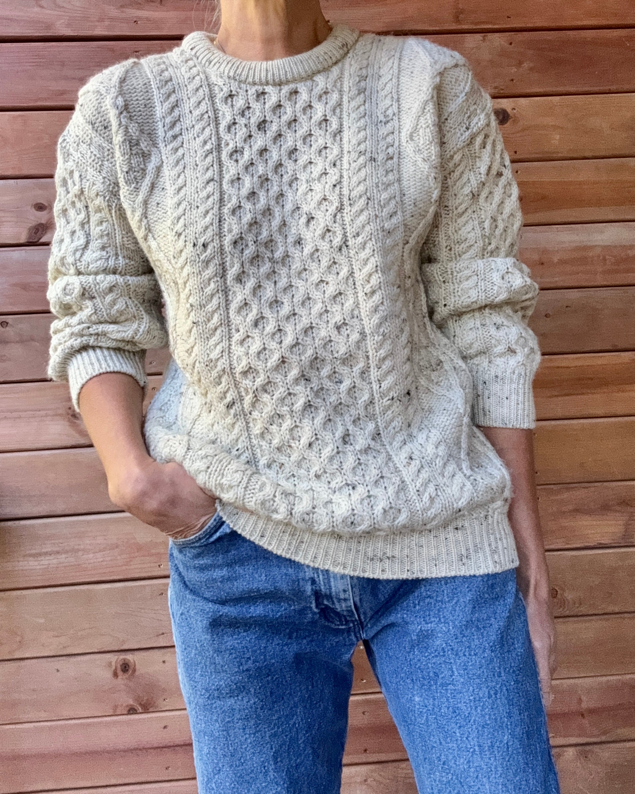 Vintage Cable Aran Fisherman Hand Knit Oatmeal Marled Sweater Made in Ireland