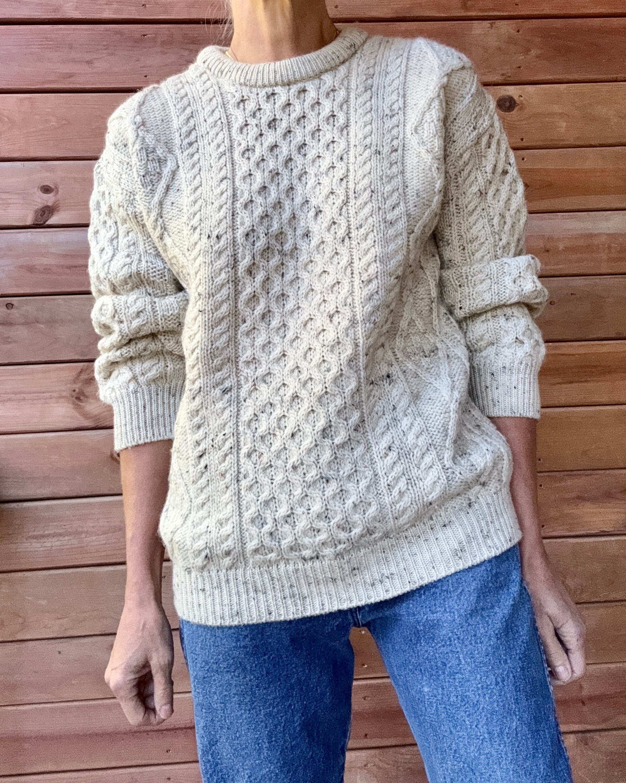 Vintage Cable Aran Fisherman Hand Knit Oatmeal Marled Sweater Made in Ireland