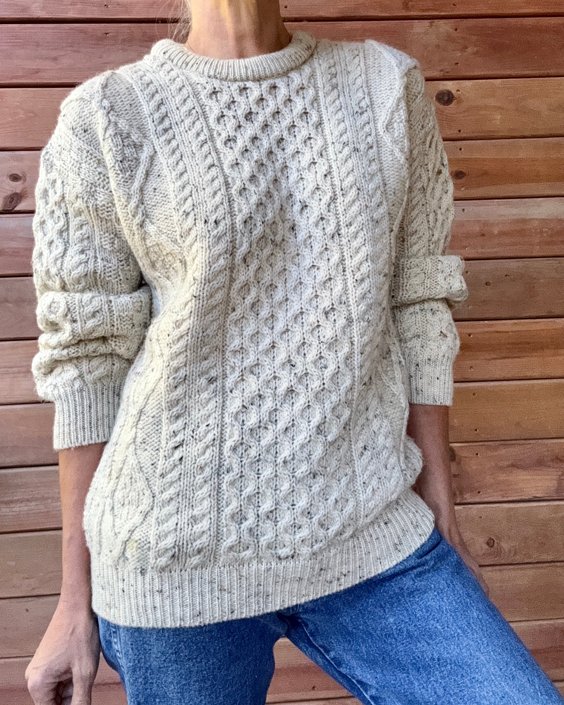 Vintage Cable Aran Fisherman Hand Knit Oatmeal Marled Sweater Made in Ireland