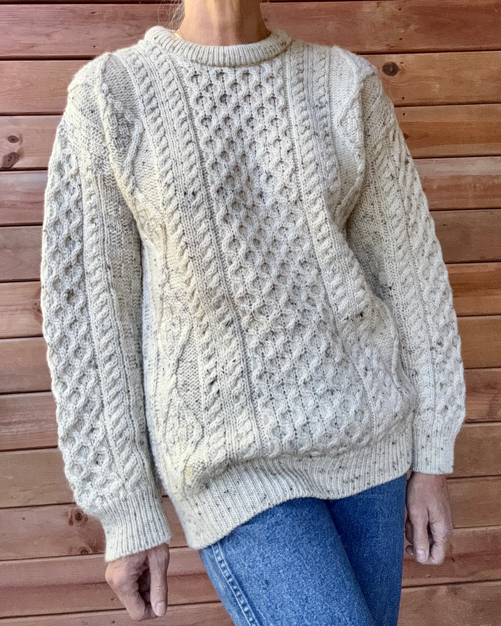 Vintage Cable Aran Fisherman Hand Knit Oatmeal Marled Sweater Made in Ireland