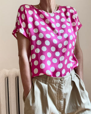 Vintage 1980s PARALLELE by EMANUEL UNGARO 100% Silk Hot Pink and Ivory Polka Dot Short Sleeve Blouse Size M or L