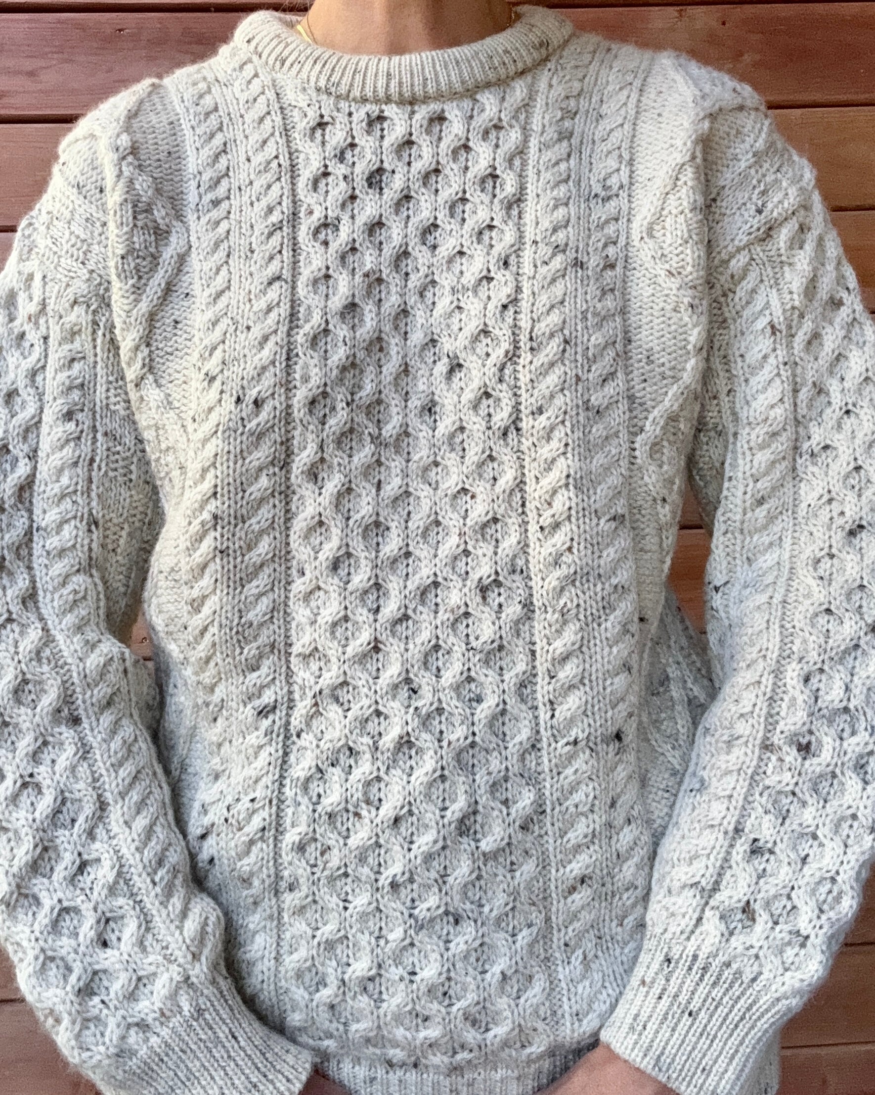 Vintage Cable Aran Fisherman Hand Knit Oatmeal Marled Sweater Made in Ireland