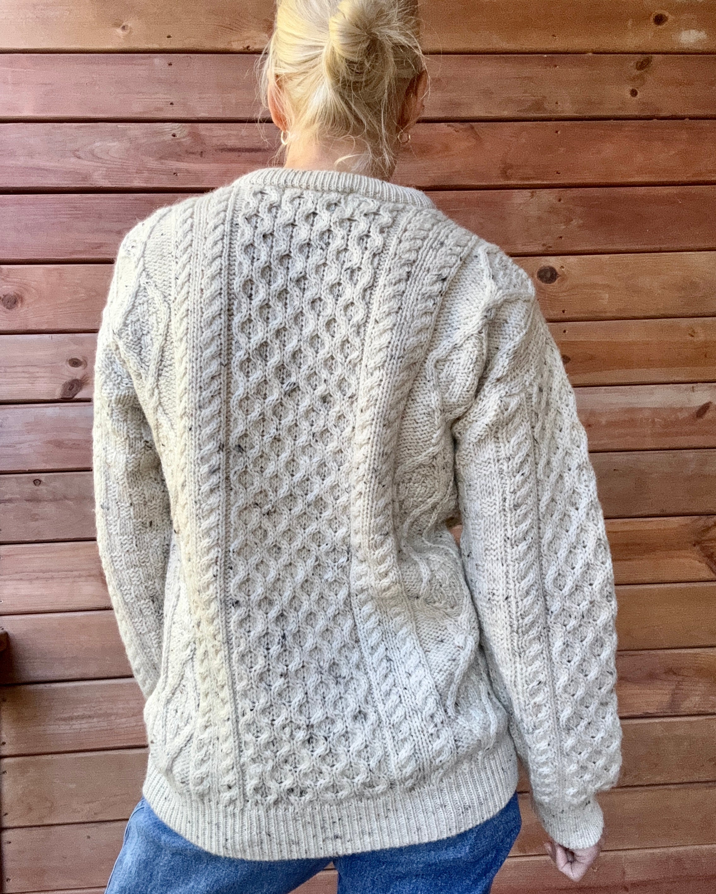 Vintage Cable Aran Fisherman Hand Knit Oatmeal Marled Sweater Made in Ireland
