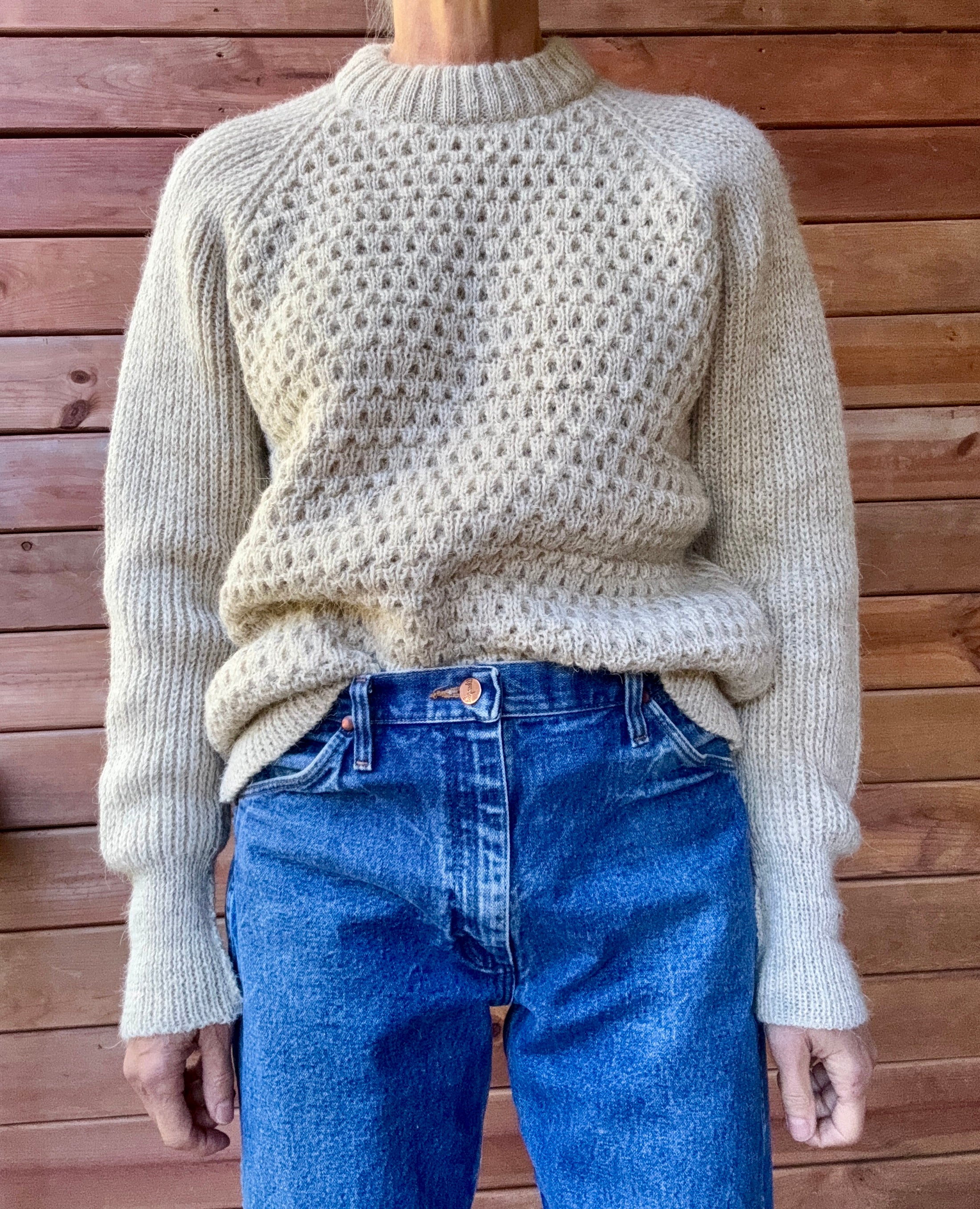 Vintage Lakeland Wool Fisherman Sweater Oatmeal Hand Knit Made in England