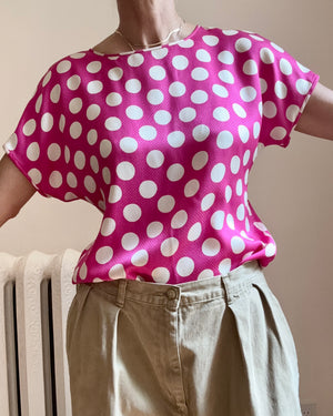 Vintage 1980s PARALLELE by EMANUEL UNGARO 100% Silk Hot Pink and Ivory Polka Dot Short Sleeve Blouse Size M or L