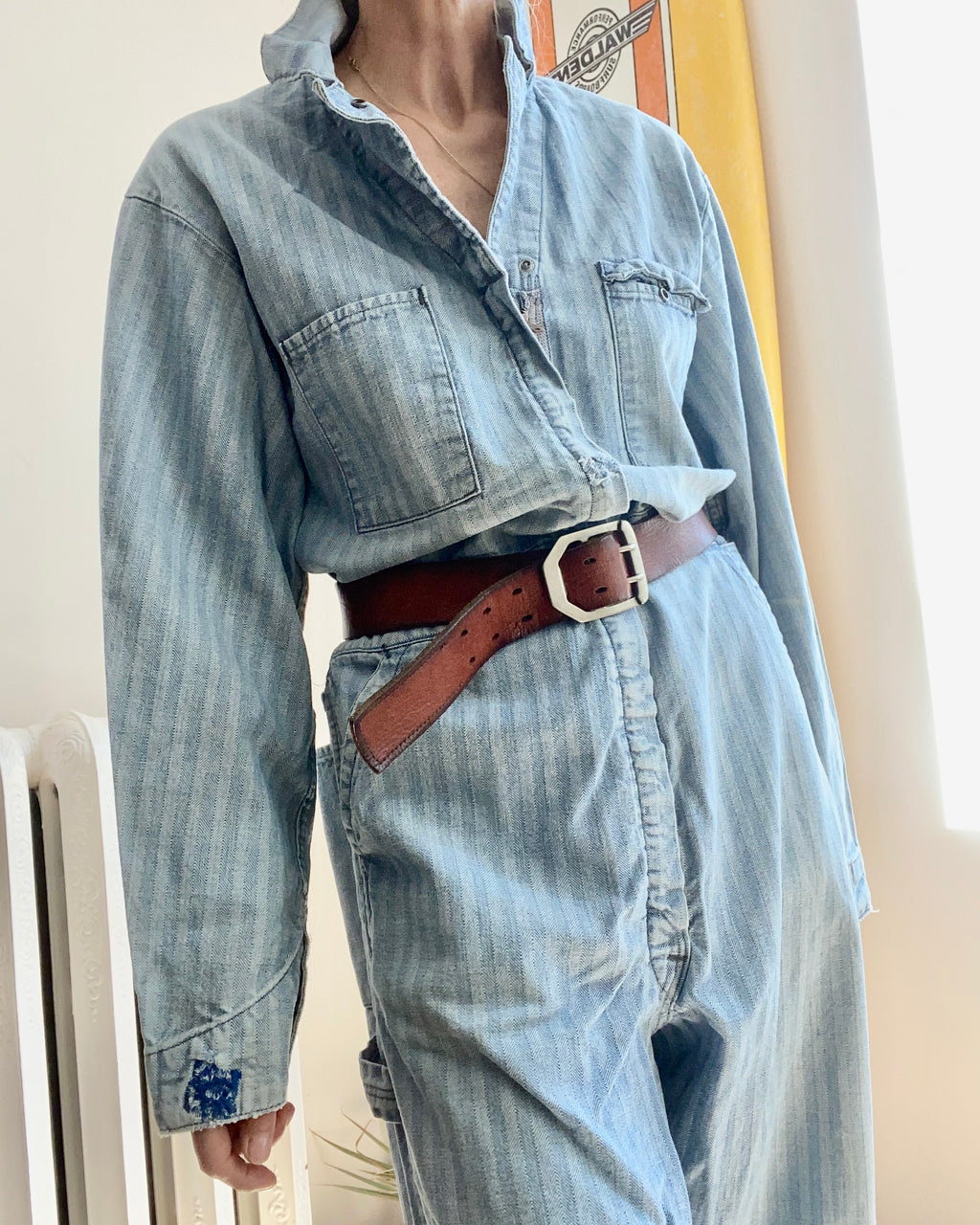 Vintage Stripe Herringbone Mechanic Boiler Carpenter Jumpsuit Coveralls L XL
