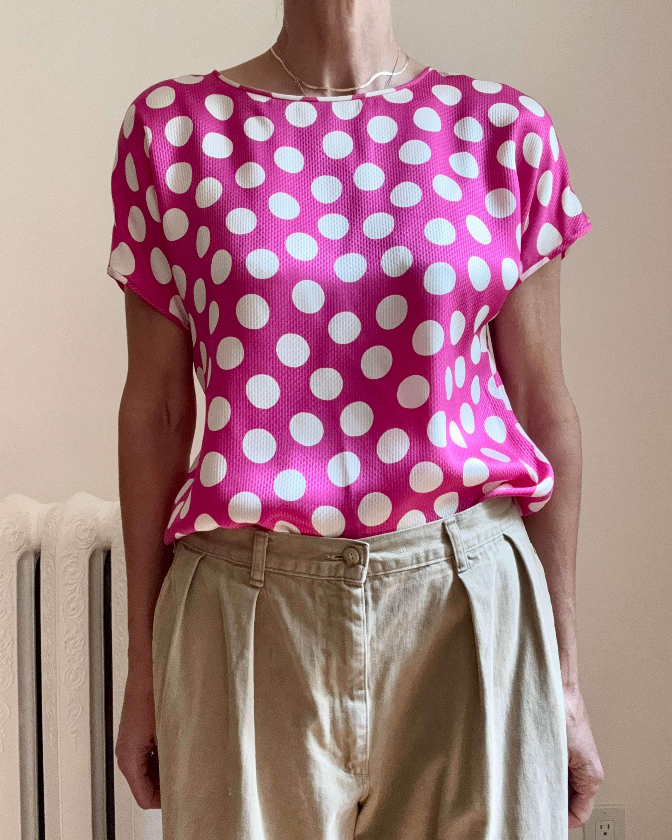 Vintage 1980s PARALLELE by EMANUEL UNGARO 100% Silk Hot Pink and Ivory Polka Dot Short Sleeve Blouse Size M or L