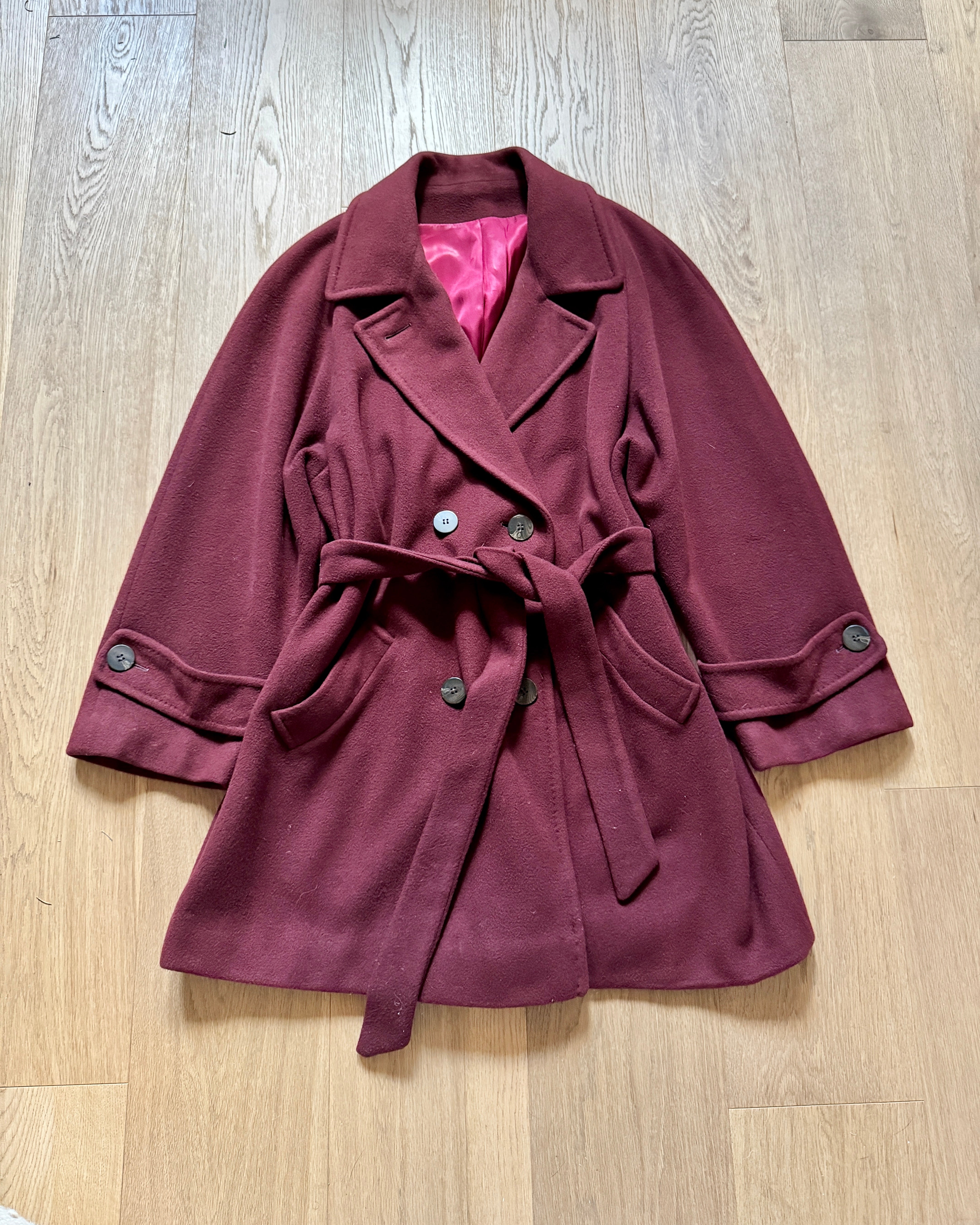 Vintage 1990s 100% Pure Cashmere Burgundy Trench Peacoat Style Coat with Tie Belt Size L