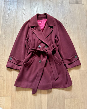 Vintage 1990s 100% Pure Cashmere Burgundy Trench Peacoat Style Coat with Tie Belt Size L