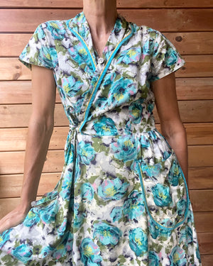 Vintage 1940s Cotton Floral House Dress M