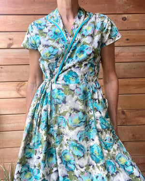 Vintage 1940s Cotton Floral House Dress M