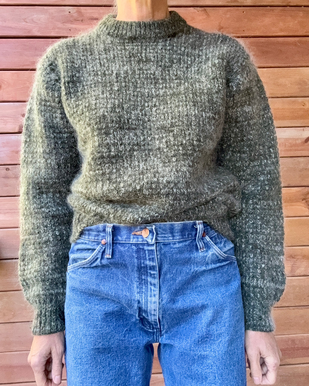 Vintage Mohair and Wool "Laplander" Hunter Green Marled Fuzzy Knit Sweater