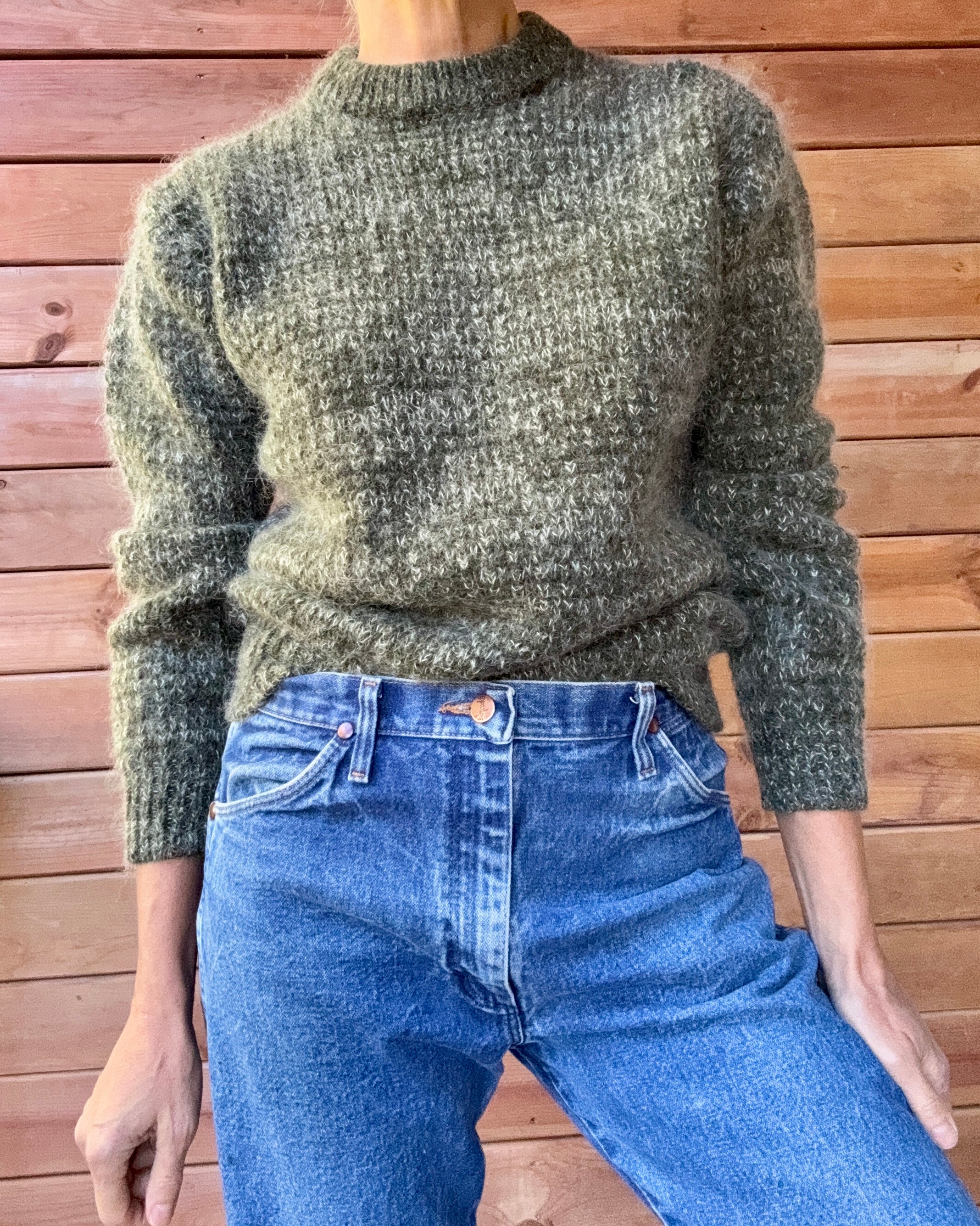 Vintage Mohair and Wool "Laplander" Hunter Green Marled Fuzzy Knit Sweater