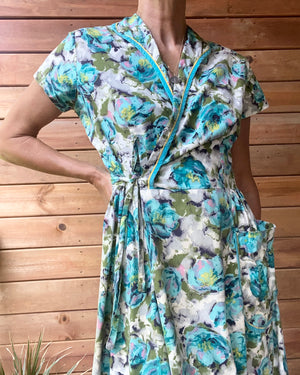 Vintage 1940s Cotton Floral House Dress M