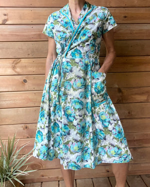 Vintage 1940s Cotton Floral House Dress M
