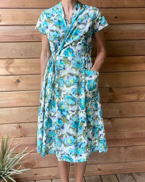 Vintage 1940s Cotton Floral House Dress M