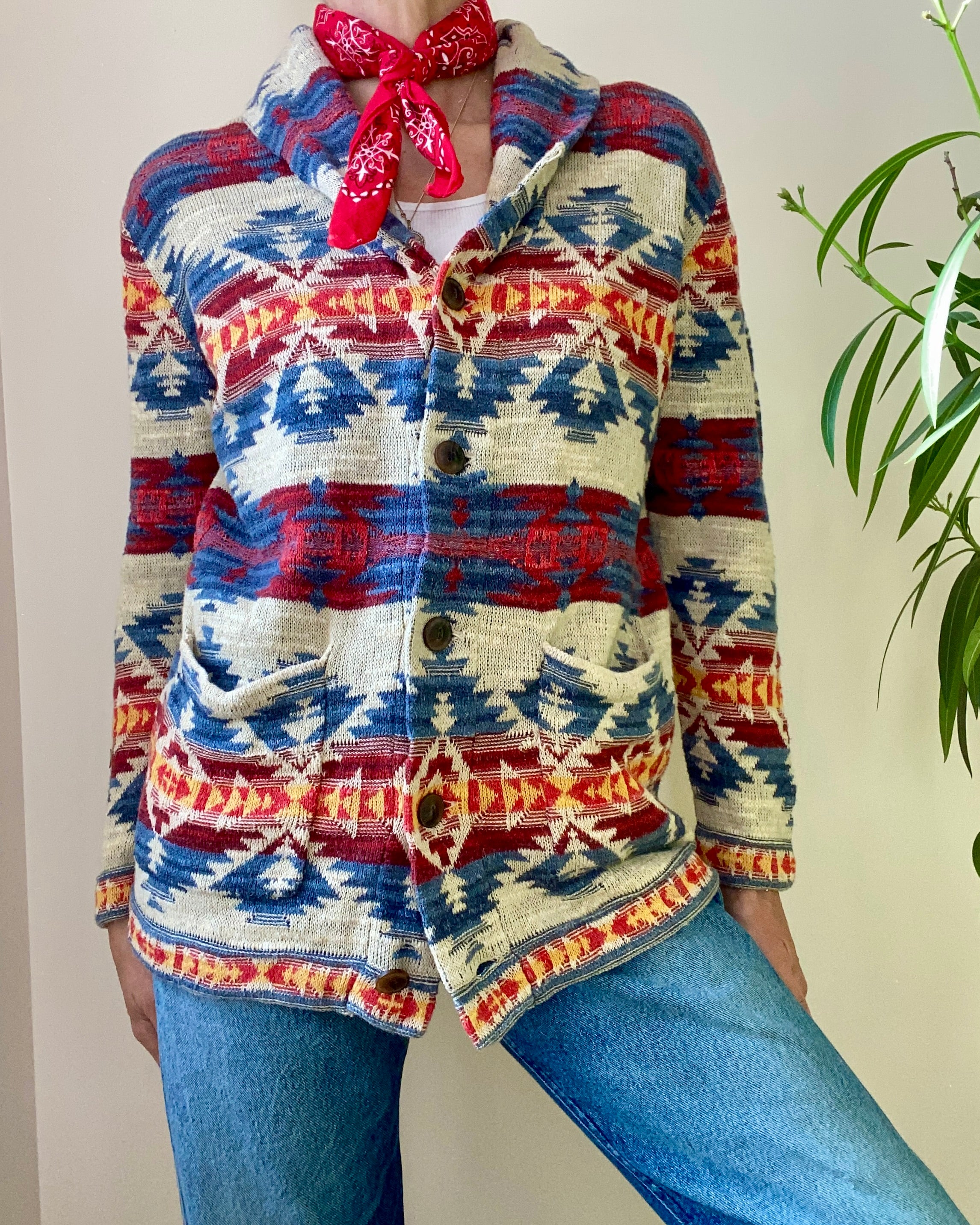 Vintage 1990s RALPH LAUREN Denim & Supply Cotton Southwest Navajo Blanket Style Shawl Collar Cardigan M