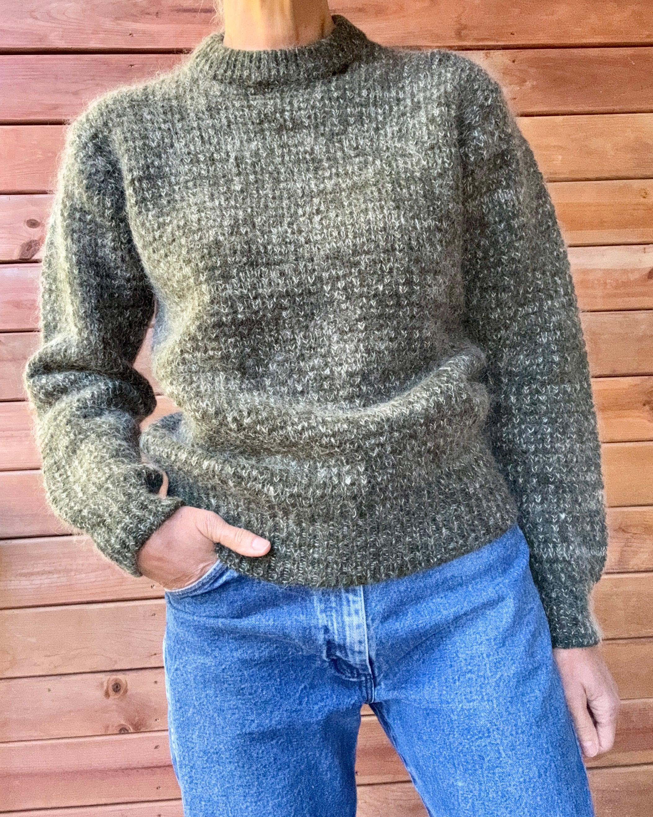 Vintage Mohair and Wool "Laplander" Hunter Green Marled Fuzzy Knit Sweater