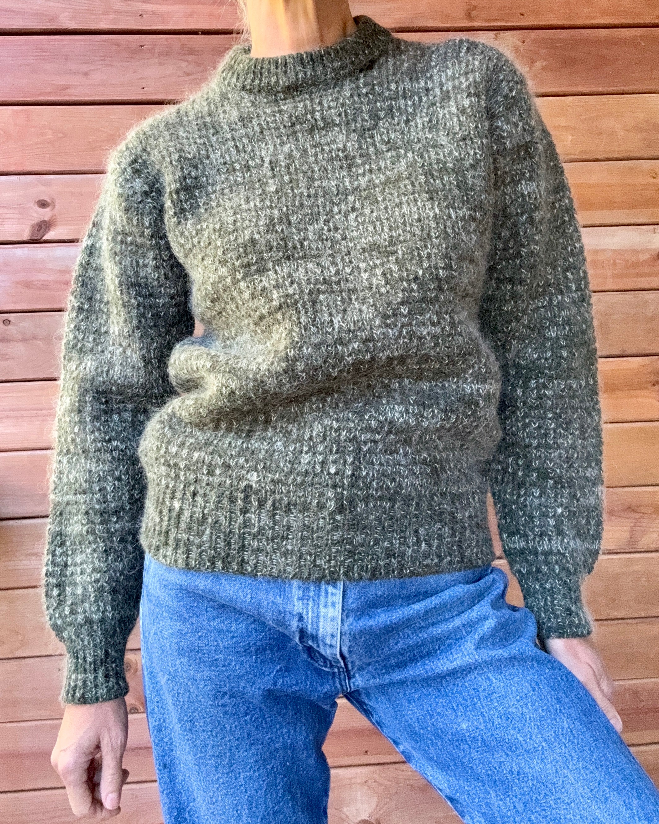 Vintage Mohair and Wool "Laplander" Hunter Green Marled Fuzzy Knit Sweater