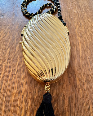 Vintage 1970s SCHEILAN Hard Gold Metal Egg Box Clutch Purse Handbag with Tassel and Rope Chord Strap Made in Italy