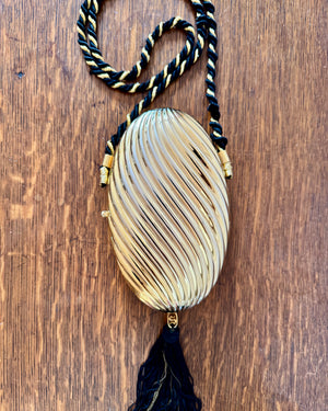 Vintage 1970s SCHEILAN Hard Gold Metal Egg Box Clutch Purse Handbag with Tassel and Rope Chord Strap Made in Italy