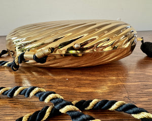 Vintage 1970s SCHEILAN Hard Gold Metal Egg Box Clutch Purse Handbag with Tassel and Rope Chord Strap Made in Italy