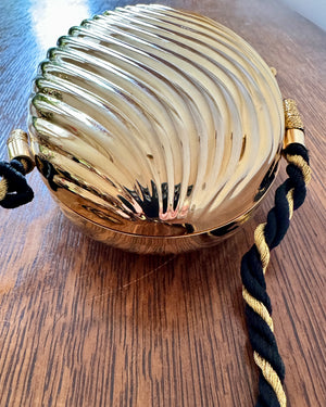 Vintage 1970s SCHEILAN Hard Gold Metal Egg Box Clutch Purse Handbag with Tassel and Rope Chord Strap Made in Italy