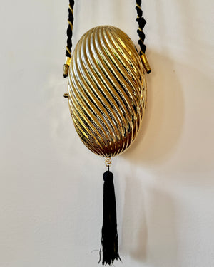 Vintage 1970s SCHEILAN Hard Gold Metal Egg Box Clutch Purse Handbag with Tassel and Rope Chord Strap Made in Italy