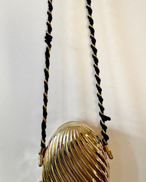 Vintage 1970s SCHEILAN Hard Gold Metal Egg Box Clutch Purse Handbag with Tassel and Rope Chord Strap Made in Italy