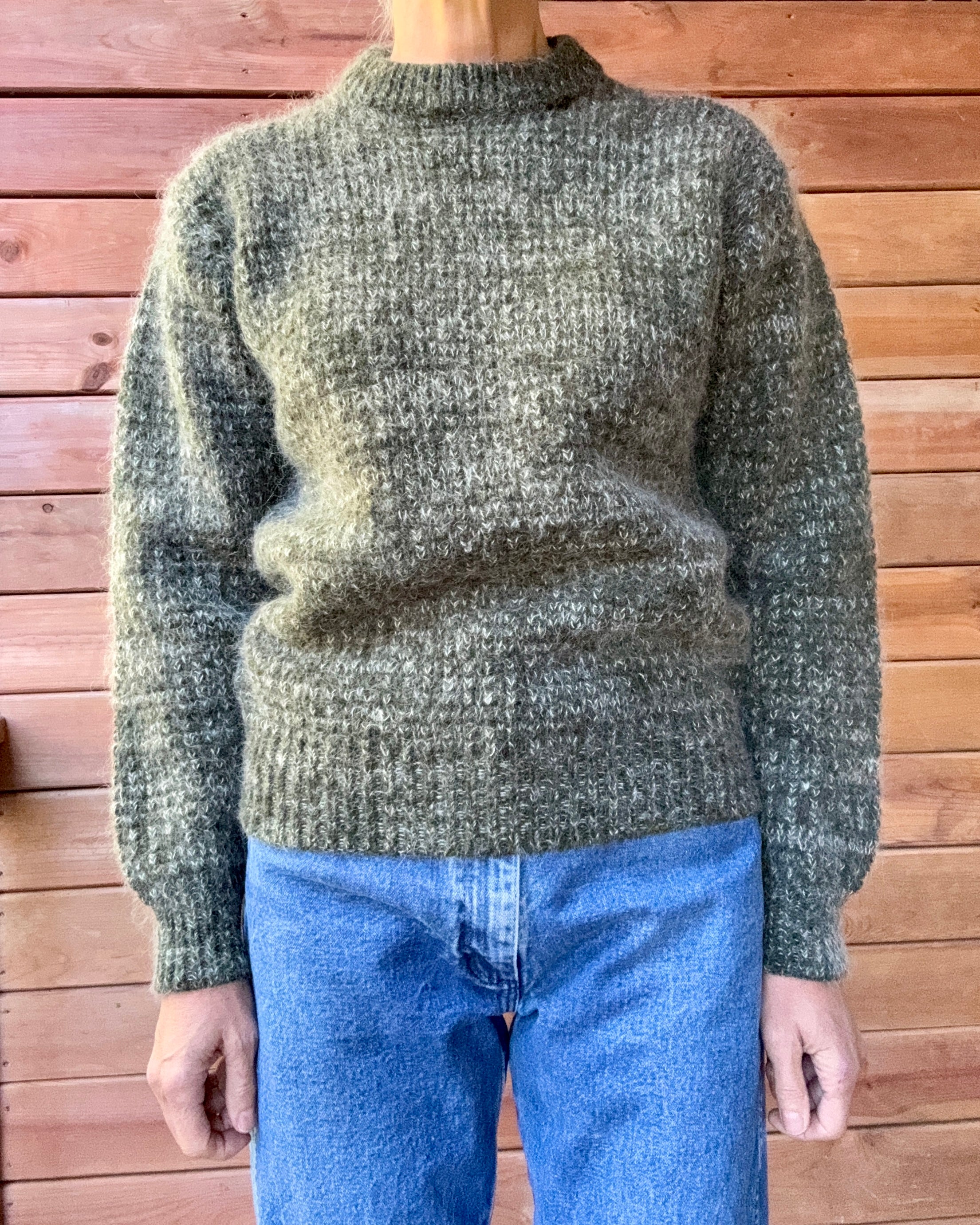Vintage Mohair and Wool "Laplander" Hunter Green Marled Fuzzy Knit Sweater