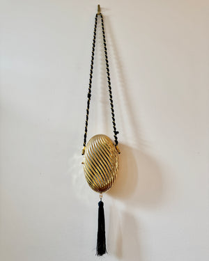 Vintage 1970s SCHEILAN Hard Gold Metal Egg Box Clutch Purse Handbag with Tassel and Rope Chord Strap Made in Italy
