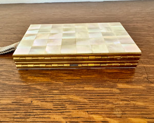 Vintage 1940s 1950s Marhill Mother of Pearl Tile Compact Cosmetic Cigarette Wrislet Case Minaudière in Gold Tone Metal