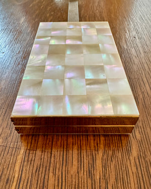 Vintage 1940s 1950s Marhill Mother of Pearl Tile Compact Cosmetic Cigarette Wrislet Case Minaudière in Gold Tone Metal
