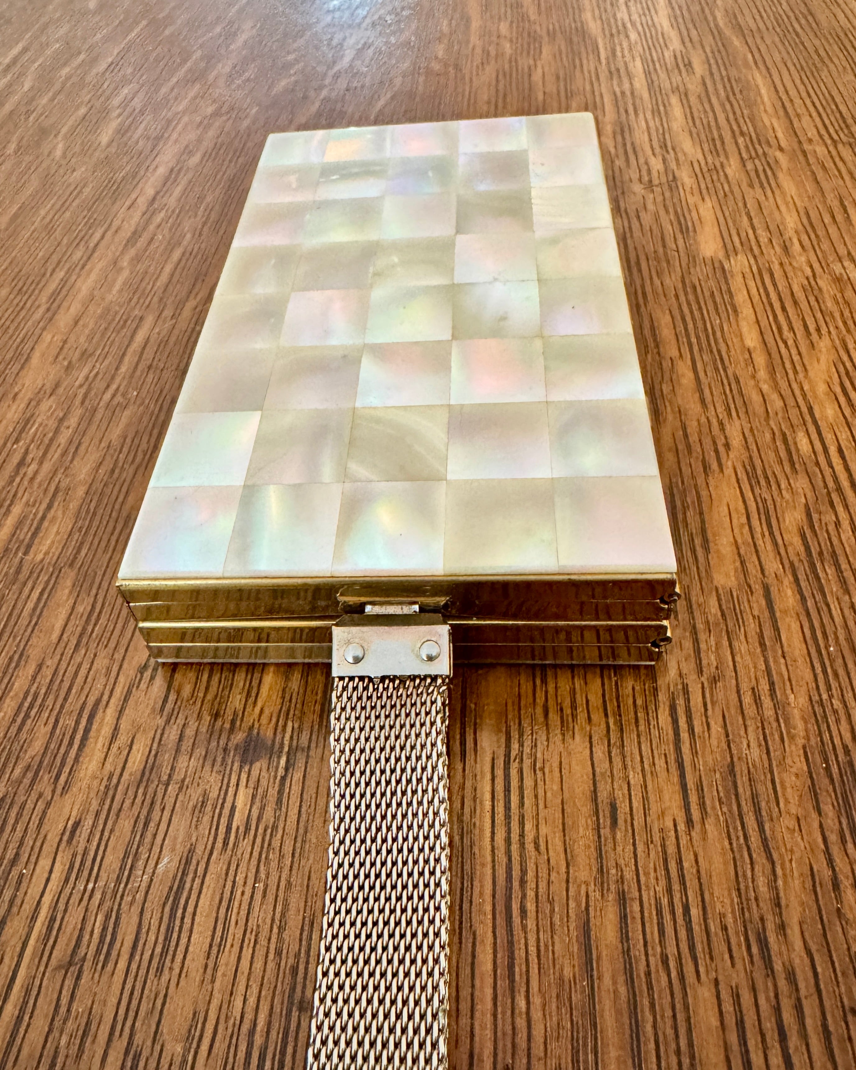 Vintage 1940s 1950s Marhill Mother of Pearl Tile Compact Cosmetic Cigarette Wrislet Case Minaudière in Gold Tone Metal