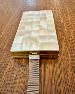 Vintage 1940s 1950s Marhill Mother of Pearl Tile Compact Cosmetic Cigarette Wrislet Case Minaudière in Gold Tone Metal