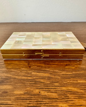 Vintage 1940s 1950s Marhill Mother of Pearl Tile Compact Cosmetic Cigarette Wrislet Case Minaudière in Gold Tone Metal
