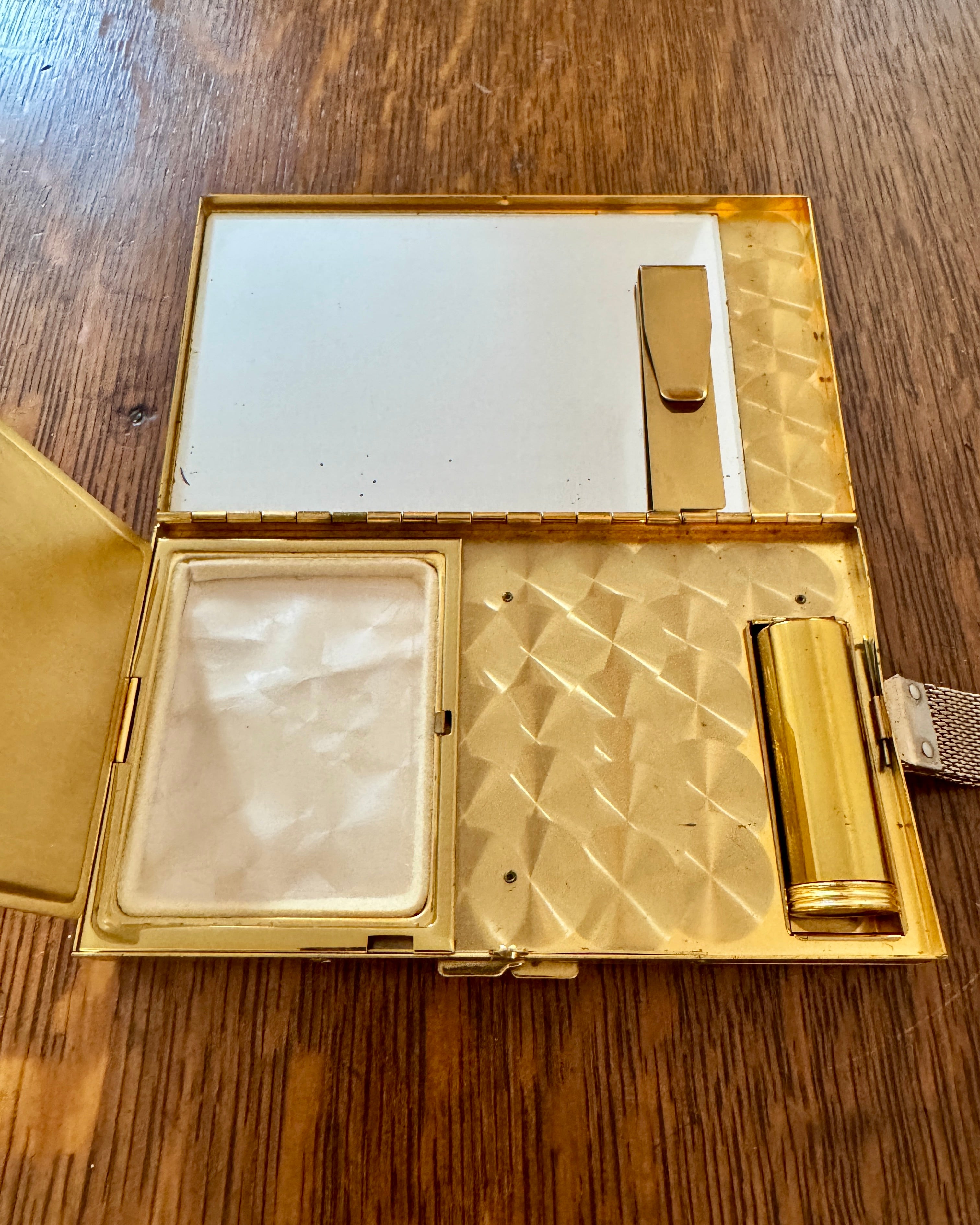 Vintage 1940s 1950s Marhill Mother of Pearl Tile Compact Cosmetic Cigarette Wrislet Case Minaudière in Gold Tone Metal